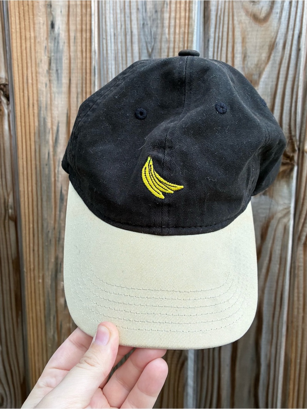 Black and Beige Baseball Cap with Yellow Banana Embroidery